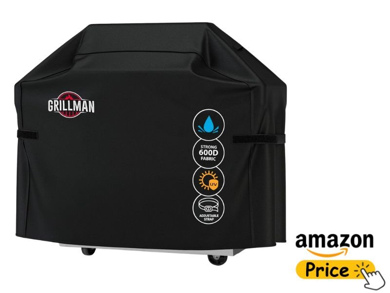 A heavy-duty black Grillman premium BBQ cover featuring the red Grillman logo on the left and four circular performance feature icons on the right.