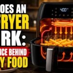 Illustration of a black air fryer with glowing heating elements and circulating hot air arrows cooking crispy French fries, alongside the title "How Does an Air Fryer Work: The Science Behind Crispy Food."