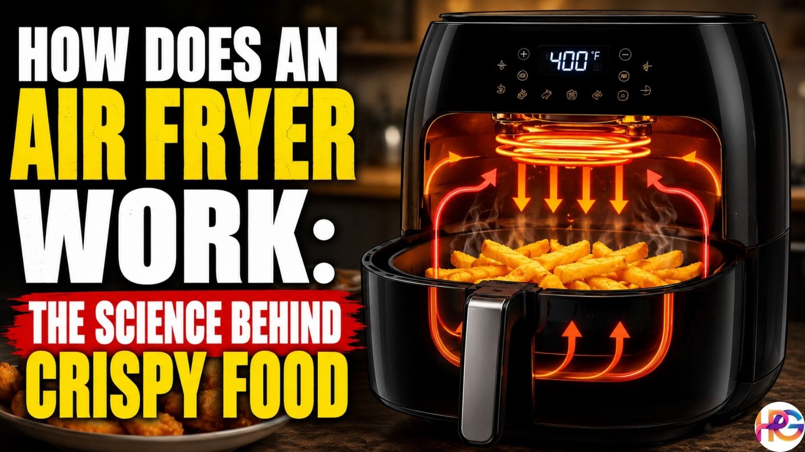 Illustration of a black air fryer with glowing heating elements and circulating hot air arrows cooking crispy French fries, alongside the title "How Does an Air Fryer Work: The Science Behind Crispy Food."