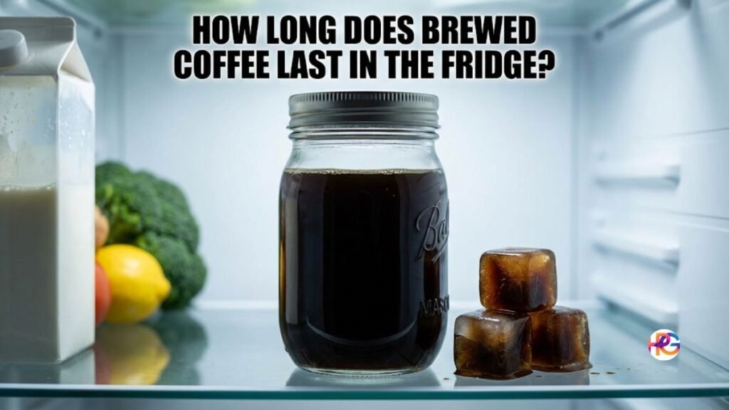 A view from inside an open refrigerator showing a glass mason jar filled with dark brewed coffee placed centrally on a shelf. To the left is a white milk carton and a blurry arrangement of vegetables and fruit. To the right are three frozen coffee ice cubes. A bold text overlay at the top reads, "HOW LONG DOES BREWED COFFEE LAST IN THE FRIDGE?".