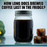 A view from inside an open refrigerator showing a glass mason jar filled with dark brewed coffee placed centrally on a shelf. To the left is a white milk carton and a blurry arrangement of vegetables and fruit. To the right are three frozen coffee ice cubes. A bold text overlay at the top reads, "HOW LONG DOES BREWED COFFEE LAST IN THE FRIDGE?".
