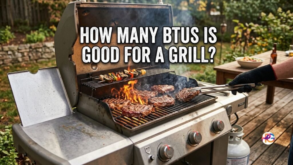 A close-up photograph of a gas grill actively cooking steaks and vegetable kebabs over an open flame on a backyard deck. The caption "HOW MANY BTUS IS GOOD FOR A GRILL?" is overlaid in bold, white text.
