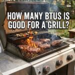 A close-up photograph of a gas grill actively cooking steaks and vegetable kebabs over an open flame on a backyard deck. The caption "HOW MANY BTUS IS GOOD FOR A GRILL?" is overlaid in bold, white text.