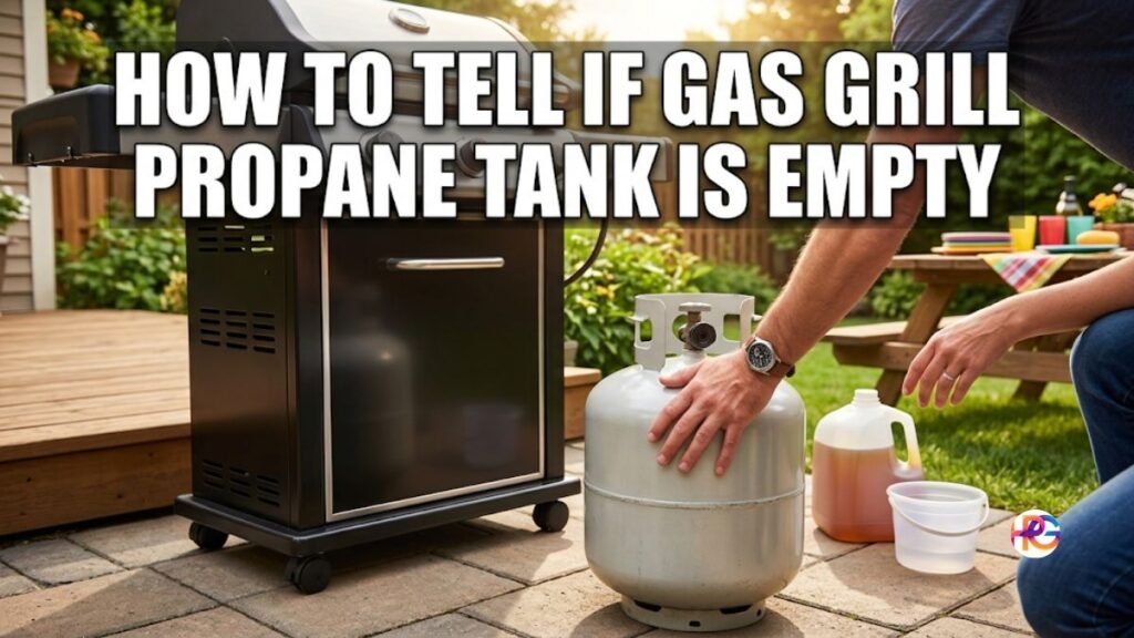 A photograph of a person in a backyard crouching next to a freestanding 20-pound propane cylinder. Their right hand is feeling the side of the tank, and their left hand reaches toward a white plastic water pitcher and a clear plastic bucket. In the background, there is a large gas barbecue grill, a picnic table with place settings, and greenery. The image features a white text overlay in Impact font that reads: "HOW TO TELL IF GAS GRILL PROPANE TANK IS EMPTY."