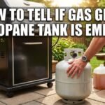 A photograph of a person in a backyard crouching next to a freestanding 20-pound propane cylinder. Their right hand is feeling the side of the tank, and their left hand reaches toward a white plastic water pitcher and a clear plastic bucket. In the background, there is a large gas barbecue grill, a picnic table with place settings, and greenery. The image features a white text overlay in Impact font that reads: "HOW TO TELL IF GAS GRILL PROPANE TANK IS EMPTY."
