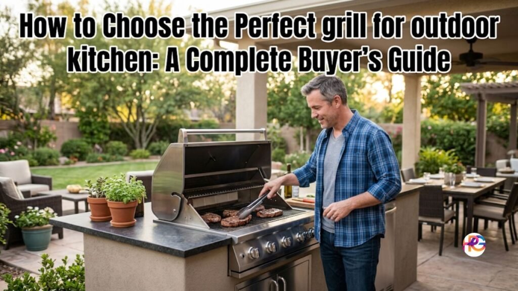A middle-aged Caucasian man in a blue plaid shirt grilling steaks on a high-end built-in stainless steel gas grill within a modern stone outdoor kitchen island. Bold text overlay at the top reads, "How to Choose the Perfect grill for outdoor kitchen: A Complete Buyer's Guide."