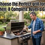 A middle-aged Caucasian man in a blue plaid shirt grilling steaks on a high-end built-in stainless steel gas grill within a modern stone outdoor kitchen island. Bold text overlay at the top reads, "How to Choose the Perfect grill for outdoor kitchen: A Complete Buyer's Guide."