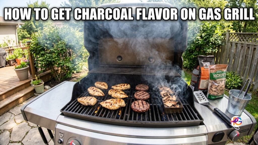 A gas grill on a backyard patio with burgers and chicken breasts cooking on the grates, alongside a metal smoker box filled with smoking wood chips. The text "HOW TO GET CHARCOAL FLAVOR ON GAS GRILL" is written across the top in white Impact font.