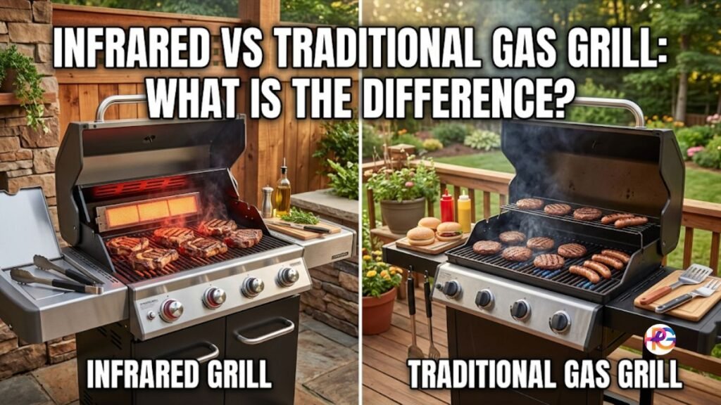 A side-by-side comparison image showing an infrared grill searing thick steaks with glowing red radiant heat elements on the left, and a traditional gas grill cooking burgers and sausages over visible blue flames with standard convection heat on the right.