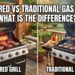 A side-by-side comparison image showing an infrared grill searing thick steaks with glowing red radiant heat elements on the left, and a traditional gas grill cooking burgers and sausages over visible blue flames with standard convection heat on the right.