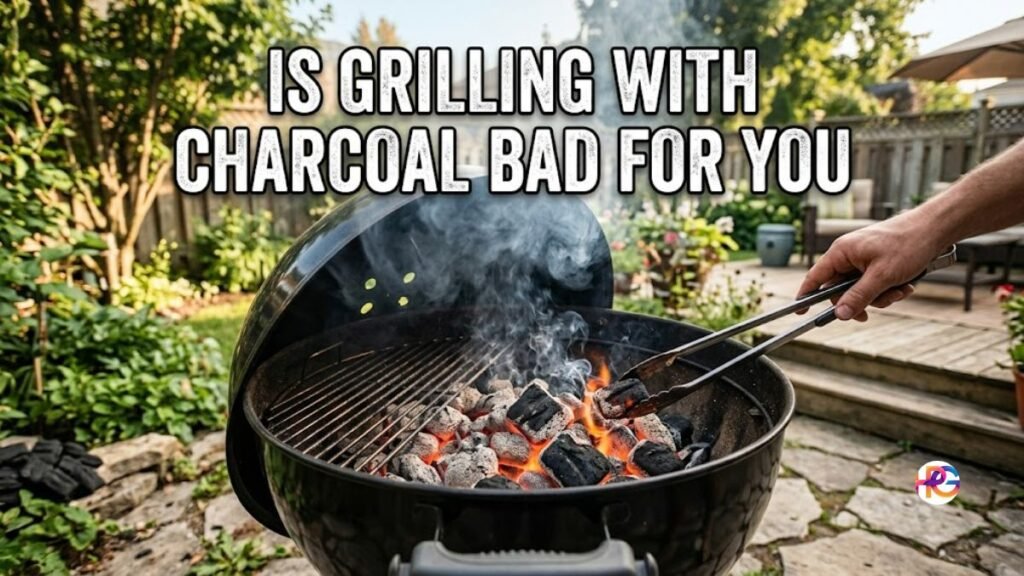 A close-up shot of a black kettle-style charcoal grill outdoors in a lush green backyard patio setting. Glowing orange coals sit at the bottom with light smoke rising up, while a hand uses long metal tongs to adjust a piece of charcoal. Superimposed bold white text reads "IS GRILLING WITH CHARCOAL BAD FOR YOU".