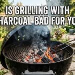 A close-up shot of a black kettle-style charcoal grill outdoors in a lush green backyard patio setting. Glowing orange coals sit at the bottom with light smoke rising up, while a hand uses long metal tongs to adjust a piece of charcoal. Superimposed bold white text reads "IS GRILLING WITH CHARCOAL BAD FOR YOU".