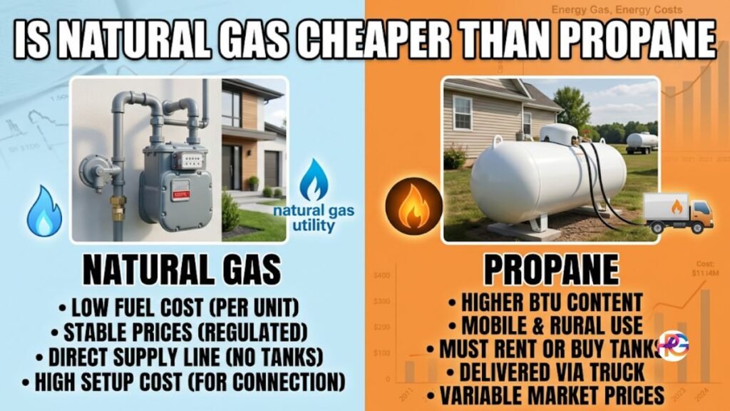 A side-by-side comparison graphic titled "Is Natural Gas Cheaper Than Propane" in large Impact font. The left side has a light blue background showing a house with a natural gas utility meter and bullet points highlighting low fuel costs and stable prices. The right side has an orange background showing a suburban house with a large white residential propane tank in the yard and bullet points highlighting higher BTU content and variable market prices.