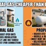 A side-by-side comparison graphic titled "Is Natural Gas Cheaper Than Propane" in large Impact font. The left side has a light blue background showing a house with a natural gas utility meter and bullet points highlighting low fuel costs and stable prices. The right side has an orange background showing a suburban house with a large white residential propane tank in the yard and bullet points highlighting higher BTU content and variable market prices.