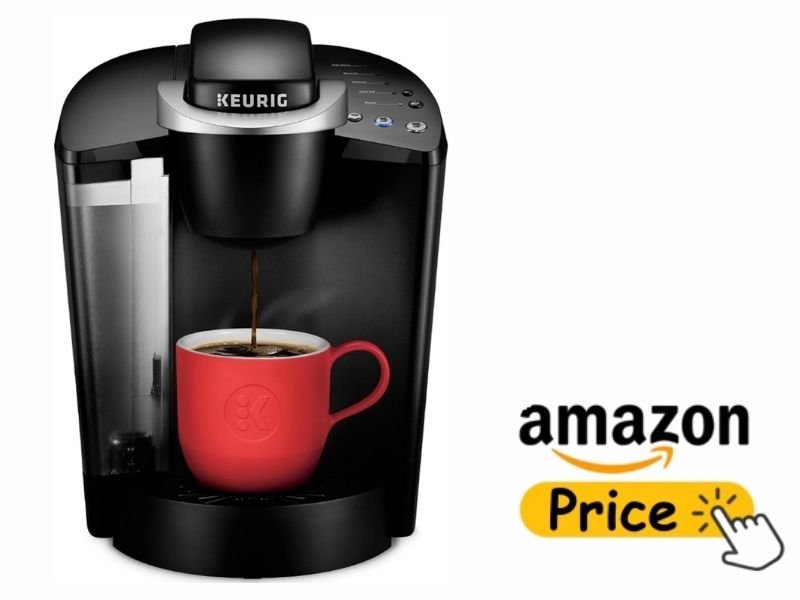 Keurig K-Classic Single-Serve K-Cup Pod Coffee Maker brewing coffee into a red mug with an Amazon Price button on a white background.
