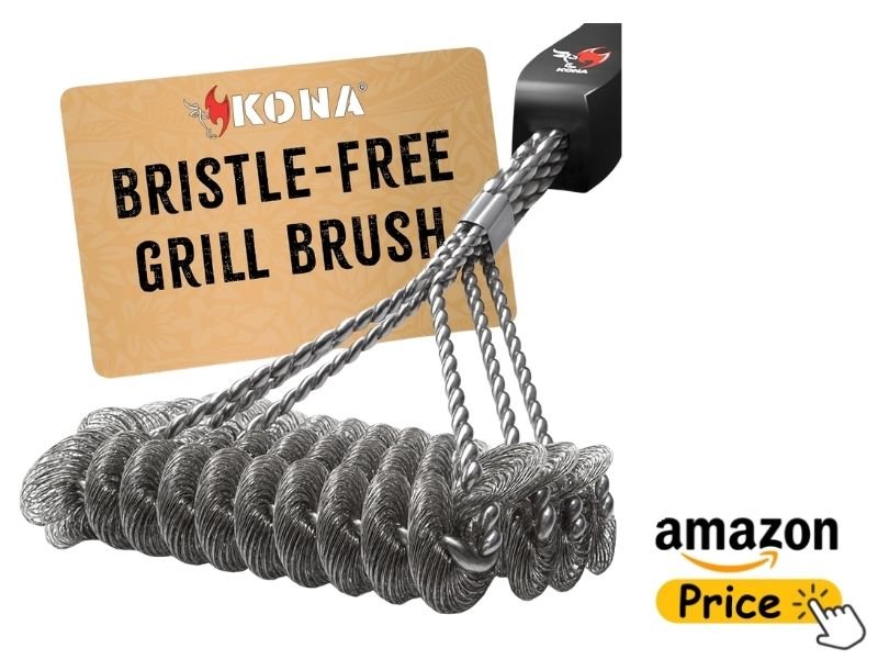 Kona Bristle-Free Grill Brush with heavy-duty triple-row stainless steel wire coils and a black handle base, isolated on a white background alongside its retail product card and an Amazon price badge.