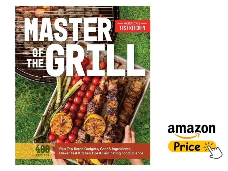 The book cover of America's Test Kitchen's "Master of the Grill" showing grilled meat skewers, charred tomatoes, and green onions on a metal baking sheet over grass. An Amazon "Price" button is positioned on the right.