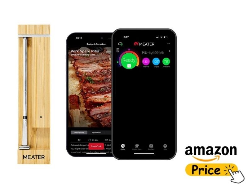 The Meater Pro wireless smart thermometer shown with its distinctive bamboo wood charging block next to two smartphones displaying the interactive Meater cooking wizard interface and rib recipe guidelines. A yellow "Amazon Price" button graphic sits in the bottom right corner.