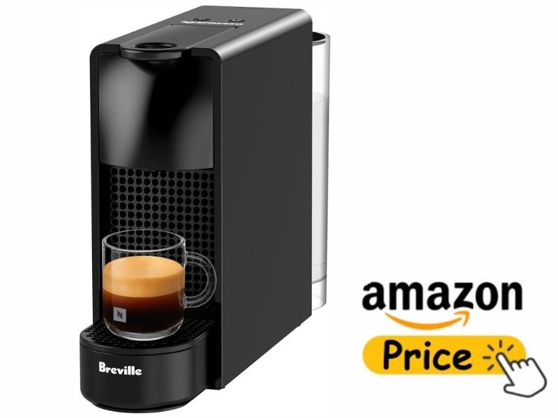 Nespresso Essenza Mini Espresso Maker by Breville brewing espresso into a clear glass cup with an Amazon Price button on a white background.