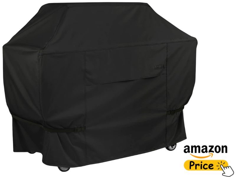 A wide, water-resistant black NettyPro gas BBQ grill cover with built-in tightening straps and buckle clips, set against a plain white backdrop.