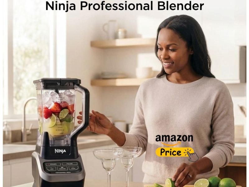 A woman in a cream sweater stands in a bright kitchen slicing limes, next to a Ninja Professional Blender filled with strawberries, lime wedges, and ice, with an "amazon Price" callout button in the bottom right corner.
