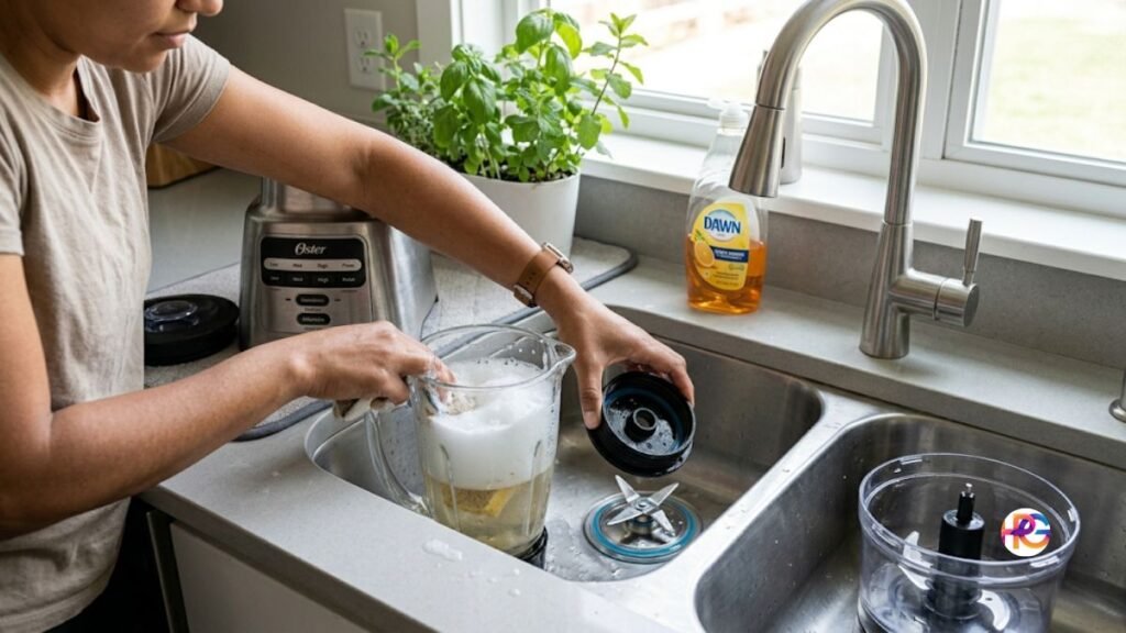 A person washes the glass pitcher of the Oster Pro 1200 Blender by hand in a stainless steel sink with sudsy water, next to the motor base, removed blade assembly, and other attachments on a modern kitchen countertop.