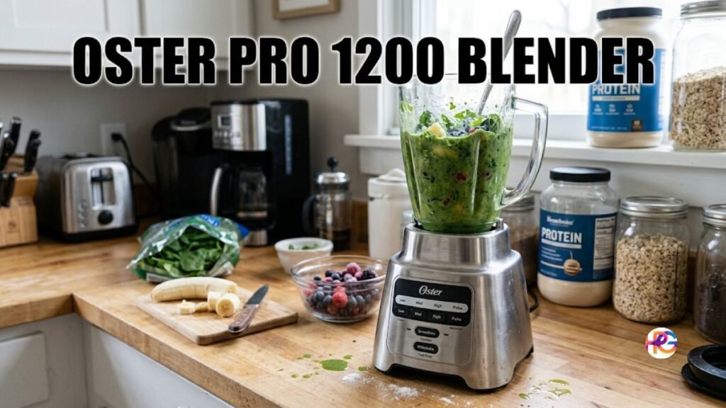 A shot of the Oster Pro 1200 Blender mixing a green smoothie in a kitchen setting with fruit and supplements in the background and the text "OSTER PRO 1200 BLENDER" prominently displayed at the top.