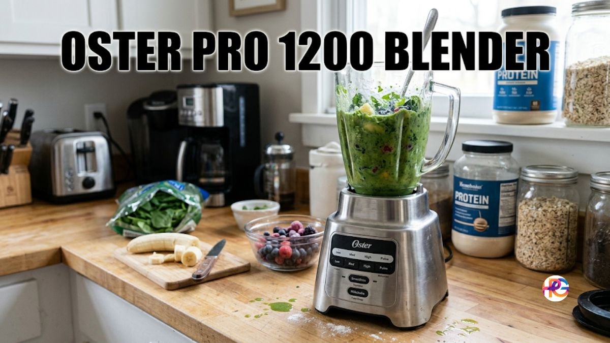 A shot of the Oster Pro 1200 Blender mixing a green smoothie in a kitchen setting with fruit and supplements in the background and the text "OSTER PRO 1200 BLENDER" prominently displayed at the top.