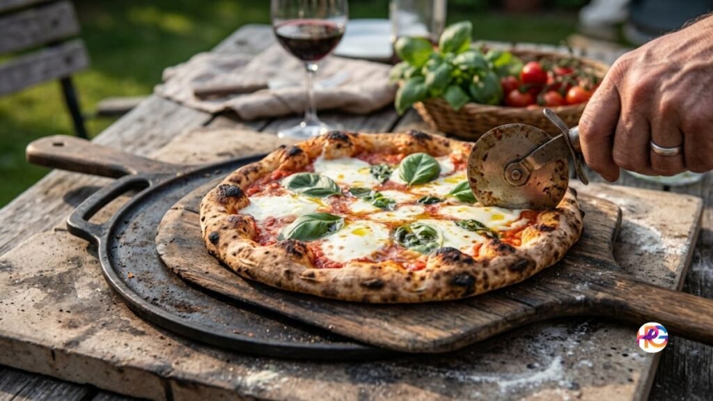 Slicing a fresh, hot grilled Margherita pizza on a rustic wooden pizza peel with a rolling wheel cutter during an outdoor garden dinner party.
