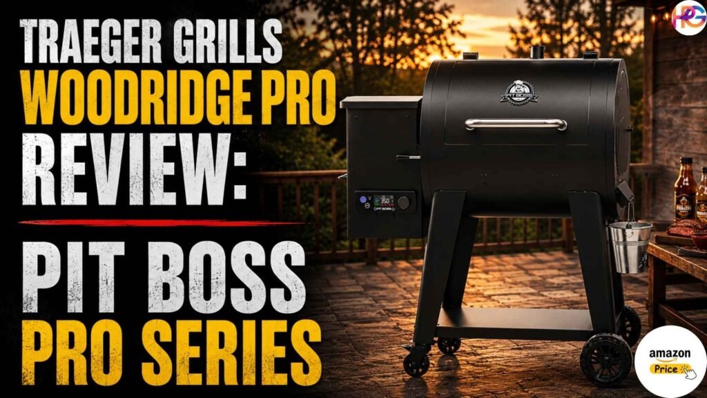 Here is the breakdown for the comparison review thumbnail image:

Alt Text: A horizontal review thumbnail image featuring a black Pit Boss Pro Series pellet grill on a wooden deck during sunset. Large text on the left side reads "TRAEGER GRILLS WOODRIDGE PRO REVIEW: PIT BOSS PRO SERIES" in white and yellow font.