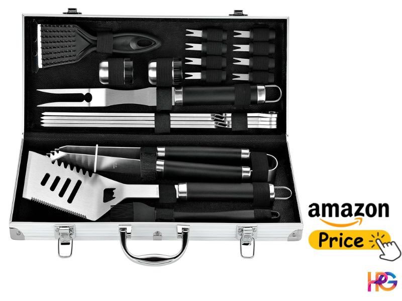 An open metallic storage case revealing a highly organized 20-piece stainless steel barbecue set with slots securing a spatula, tongs, carving fork, skewers, and corn holders.