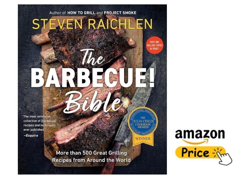 The book cover of "The Barbecue! Bible" by Steven Raichlen featuring a rustic wood cutting board topped with large, charred beef ribs and a vintage chef's knife. An Amazon "Price" call-to-action button with a hand icon is placed on the right side.