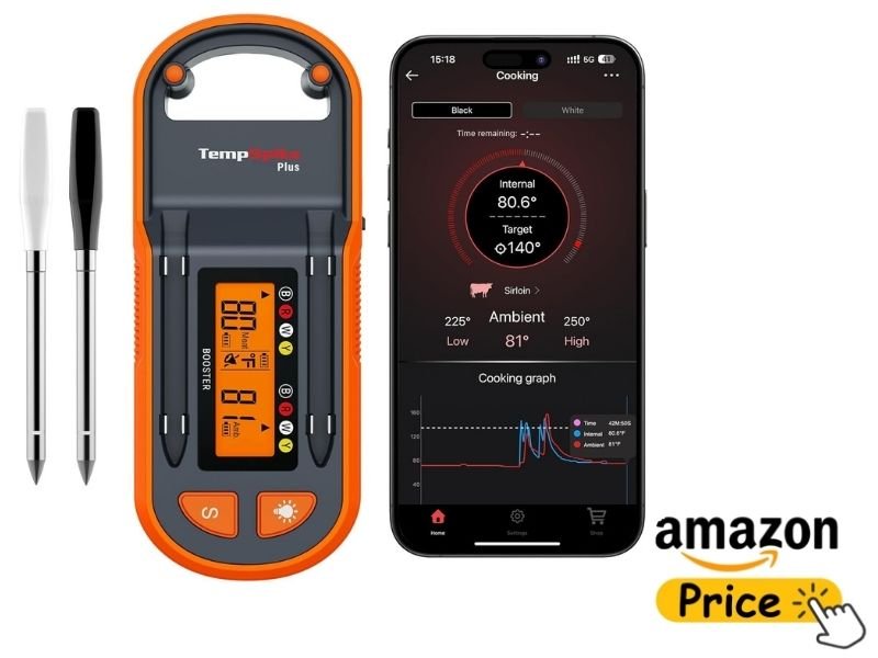 The ThermoPro TempSpike Plus wireless meat thermometer kit featuring a rugged orange and black base station with a backlit LCD screen, two hybrid probes, and a smartphone displaying live cooking charts and target alerts. A yellow "Amazon Price" button graphic sits in the bottom right corner.