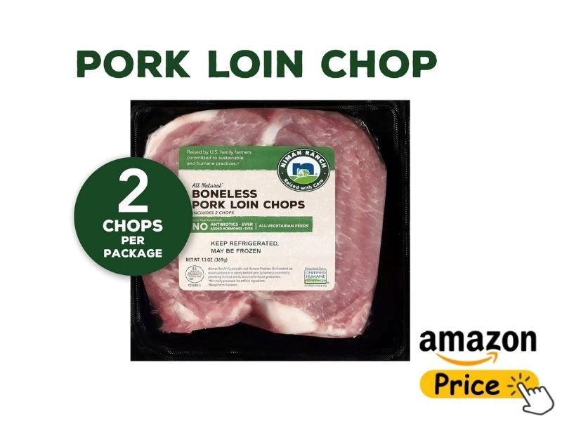 A packaged product of Niman Ranch All Natural Boneless Pork Loin Chops against a white background, featuring a green circular graphic that says 2 chops per package.