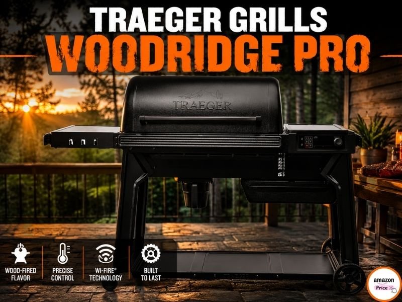 A full front view of the black Traeger Grills Woodridge Pro pellet grill sitting on a stone patio during a forest sunset.