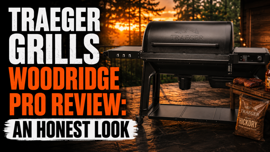 A horizontal review thumbnail image featuring the black Traeger Grills Woodridge Pro pellet smoker on a stone patio against a blurry forest sunset. Large text on the left reads "TRAEGER GRILLS WOODRIDGE PRO REVIEW: AN HONEST LOOK."