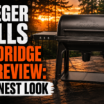 A horizontal review thumbnail image featuring the black Traeger Grills Woodridge Pro pellet smoker on a stone patio against a blurry forest sunset. Large text on the left reads "TRAEGER GRILLS WOODRIDGE PRO REVIEW: AN HONEST LOOK."