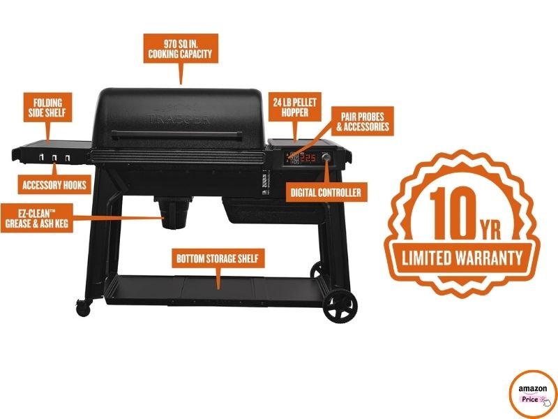 Product schematic diagram of the Traeger Grills Woodridge Pro highlighting its main features with orange text boxes.