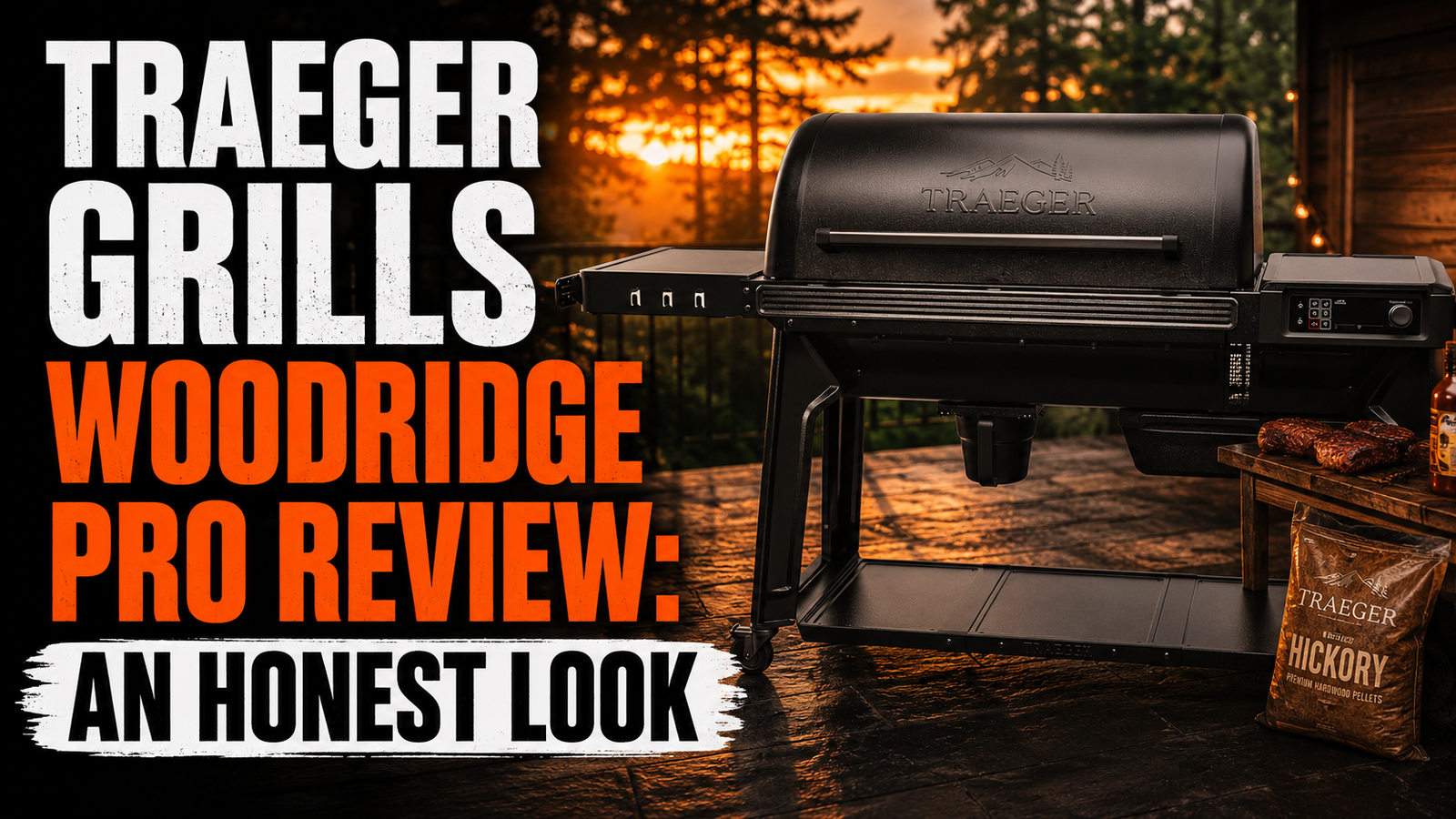 A horizontal review thumbnail image featuring the black Traeger Grills Woodridge Pro pellet smoker on a stone patio against a blurry forest sunset. Large text on the left reads "TRAEGER GRILLS WOODRIDGE PRO REVIEW: AN HONEST LOOK."