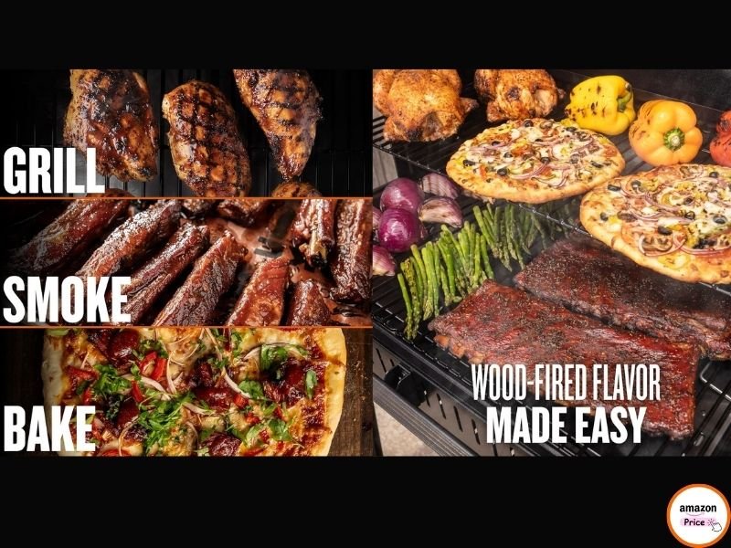 A collage showing various foods like chicken breasts, ribs, pizza, asparagus, and peppers being grilled, smoked, and baked.