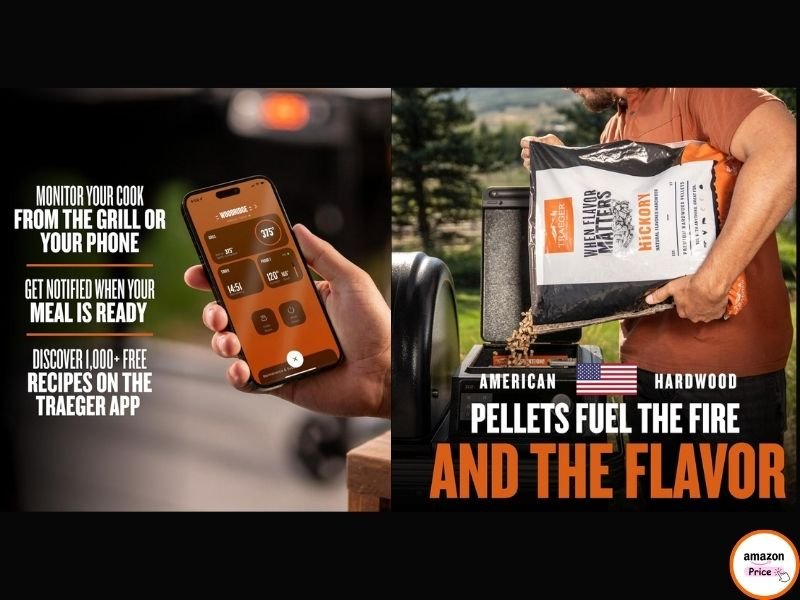 Split image showing a hand holding a smartphone with the Traeger app interface alongside a person pouring hickory wood pellets into the hopper.