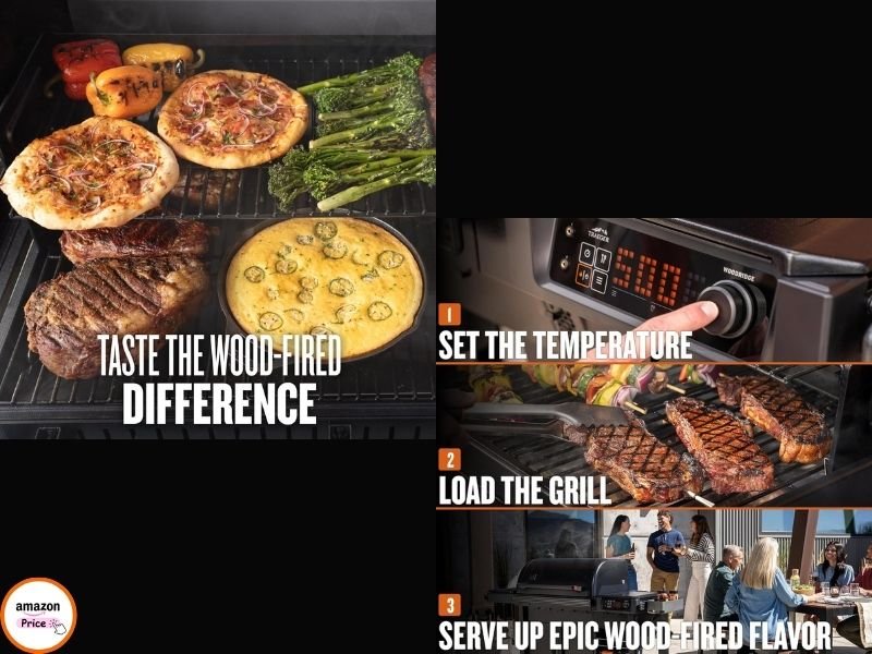 A step-by-step graphic showing the three steps of using the grill: setting the temperature, loading steaks, and serving a group of friends.