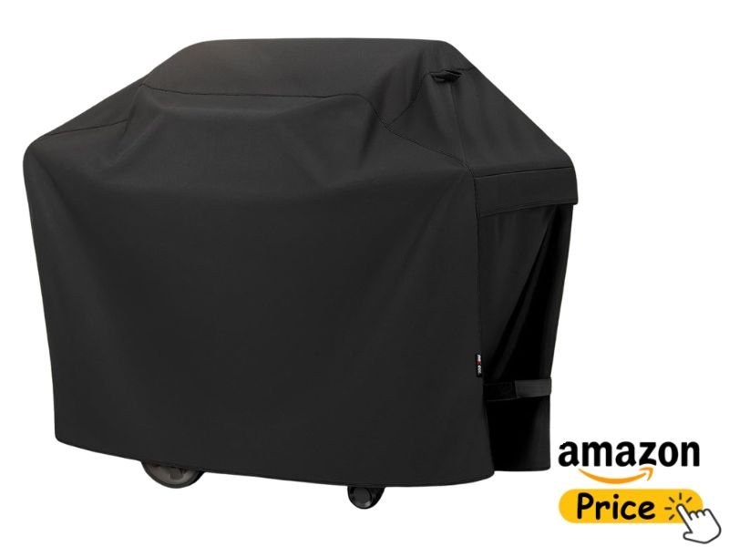 A form-fitting black heavy-duty waterproof grill cover by Unicook draped over a freestanding cart grill against a solid white background. An Amazon Price button is visible in the bottom right corner.
