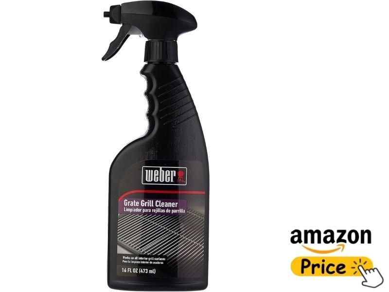 A 16-ounce black trigger spray bottle of Weber Grate Grill Cleaner against a white background with a yellow Amazon Price click graphic in the lower right corner.