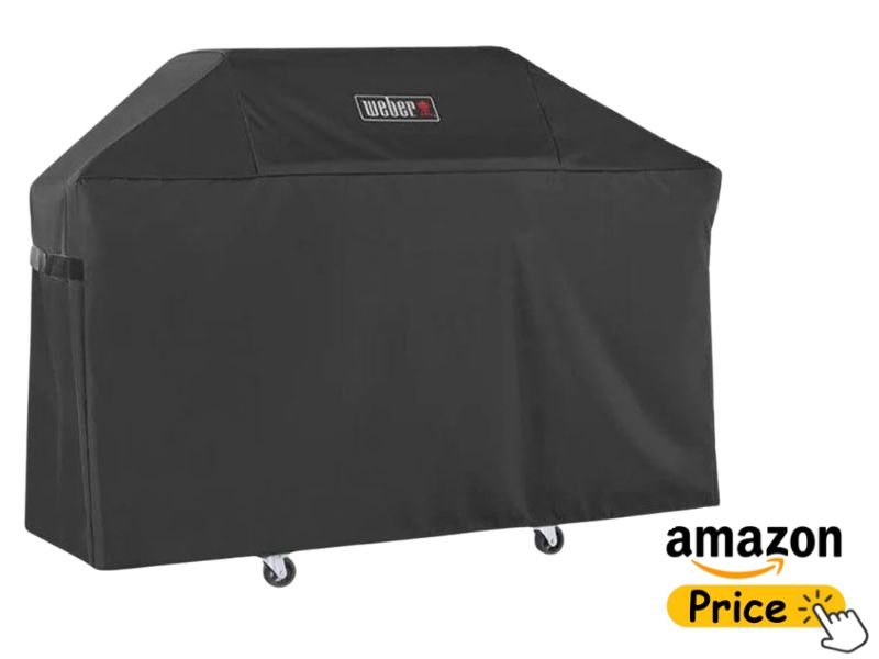 A genuine Weber premium outdoor grill cover in black fabric featuring the official Weber logo across the top front panel.