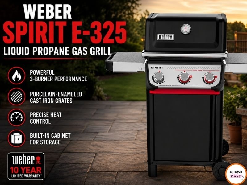 A promotional graphic for the Weber Spirit E-325 Liquid Propane Gas Grill. The image shows the black three-burner grill sitting on a stone patio background. Text on the left lists key features like powerful 3-burner performance, porcelain-enameled cast iron grates, precise heat control, and a built-in cabinet for storage. A Weber 10-year limited warranty badge is on the bottom left, and an Amazon Price click icon is on the bottom right.