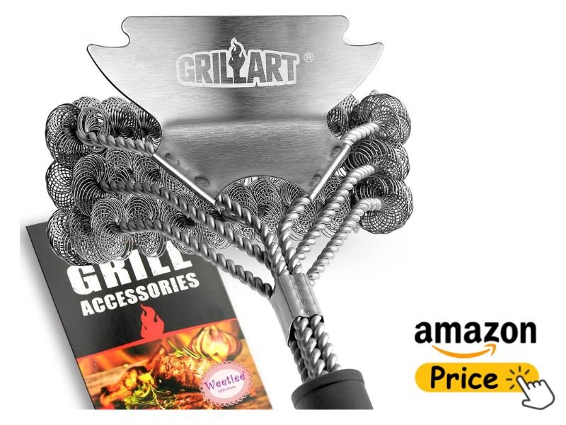 A close-up view of a Grillart brand bristle-free woven mesh coil grill brush with its metal scraper plate, alongside an Amazon price button icon.