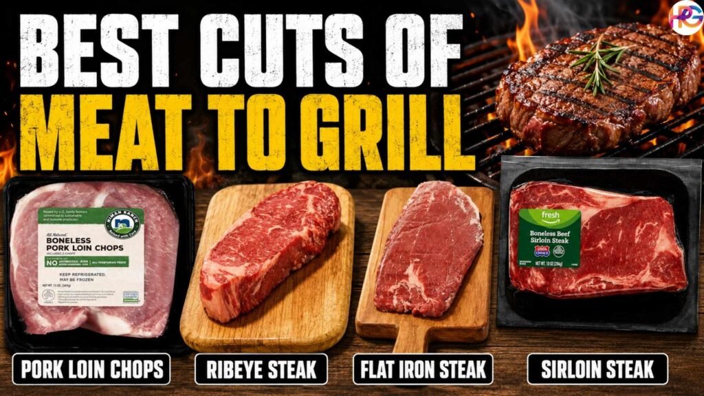 A guide showcasing the best cuts of meat to grill, featuring raw cuts of pork loin chops, ribeye steak, flat iron steak, and sirloin steak lined up on a wooden surface below a fully cooked steak sizzling over a fiery grill.