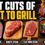 A guide showcasing the best cuts of meat to grill, featuring raw cuts of pork loin chops, ribeye steak, flat iron steak, and sirloin steak lined up on a wooden surface below a fully cooked steak sizzling over a fiery grill.