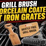 Four safe grill cleaning tools, including nylon, wood scraper, bristle-free coil, and steam scraper brushes, arranged over a dark grill grate background with fiery orange sparks and bold text reading "BEST GRILL BRUSH FOR PORCELAIN COATED CAST IRON GRATES".